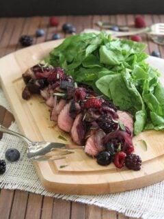 Cocoa spiced rubbed pork tenderloin with crimini berry sauce