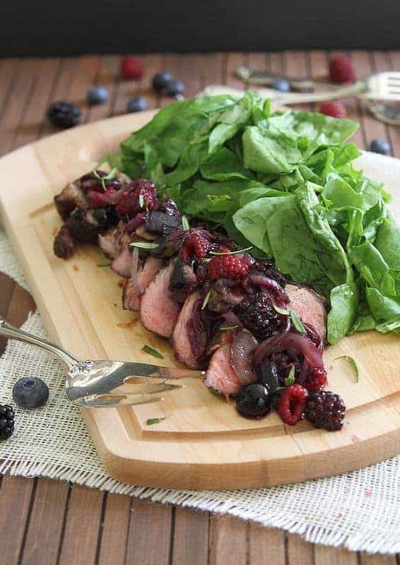 Cocoa spiced rubbed pork tenderloin with crimini berry sauce