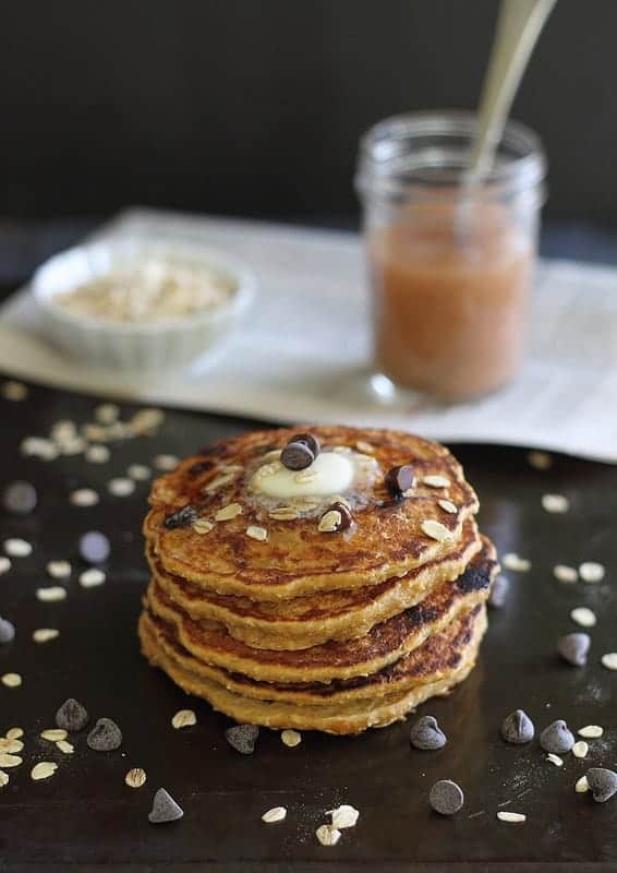 These hearty oat based sweet potato chocolate chip pancakes are the perfect balance of a healthy and decadent breakfast!