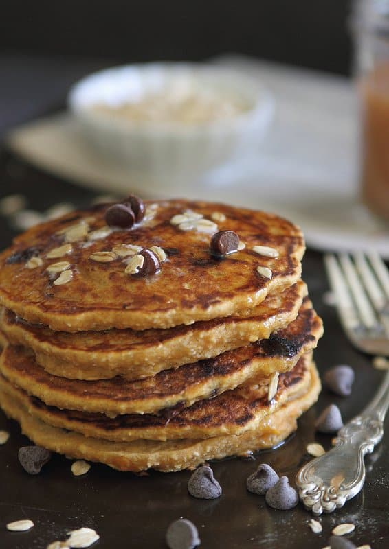 Hearty sweet potato pancakes with chocolate chips make a great weekend morning breakfast.