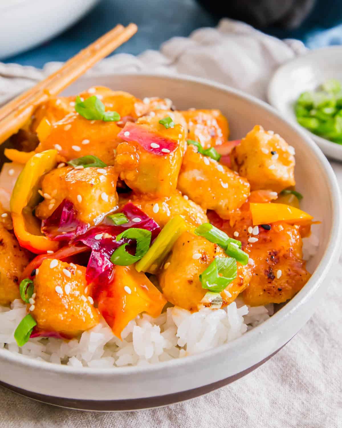 Sweet and sour tofu is a plant-based spin on the classic Chinese sweet and sour takeout dishes.