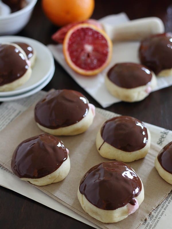 Blood orange cream cheese filled chocolate glazed donuts are baked instead of fried!