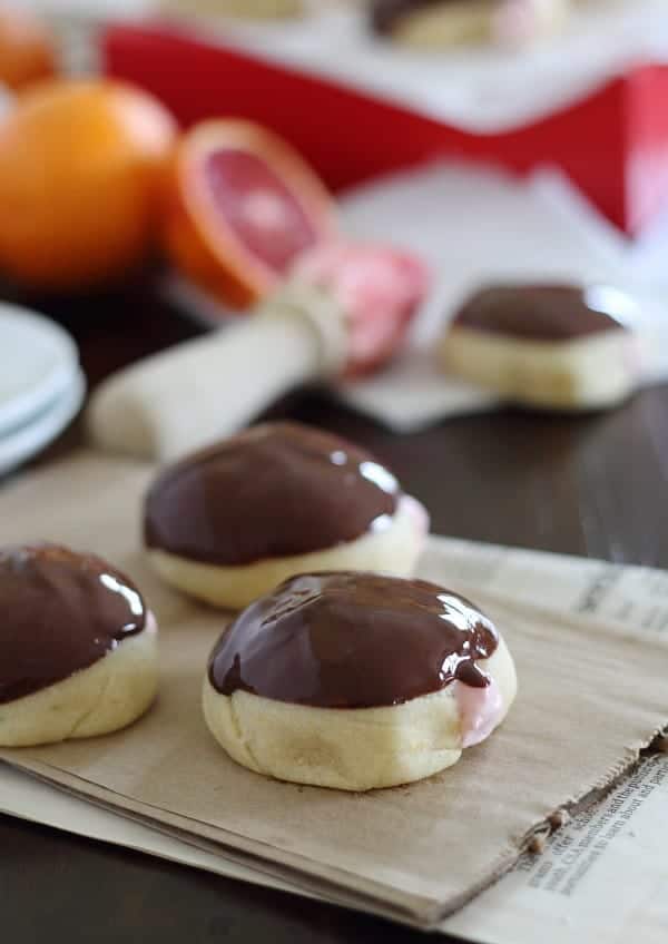 Blood orange chocolate glazed donuts with cream cheese filling have all the deliciousness you expect from a filled donut but are baked instead of fried!