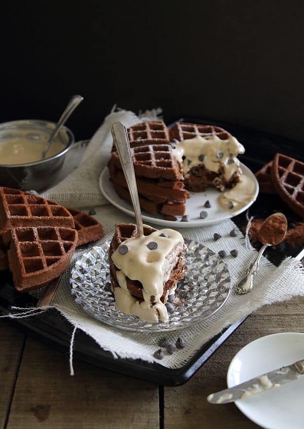 Chocolate Waffles with Peanut Butter Sauce