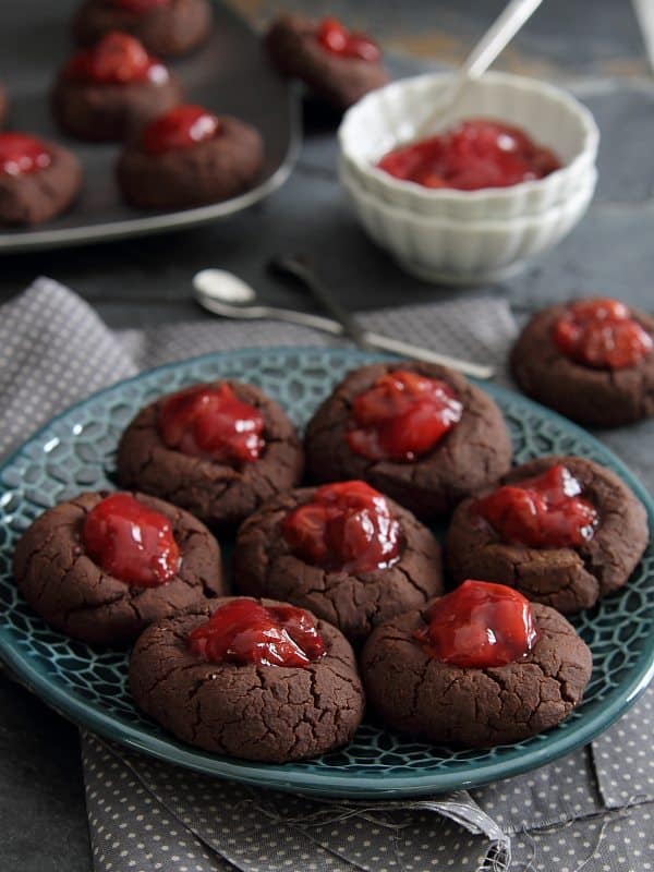 Chocolate cherry thumbprint cookies
