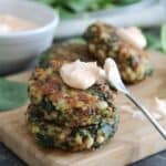 Quinoa and barley cakes with a creamy buffalo dip.