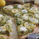 Spring pea pesto white pizza with lemons.