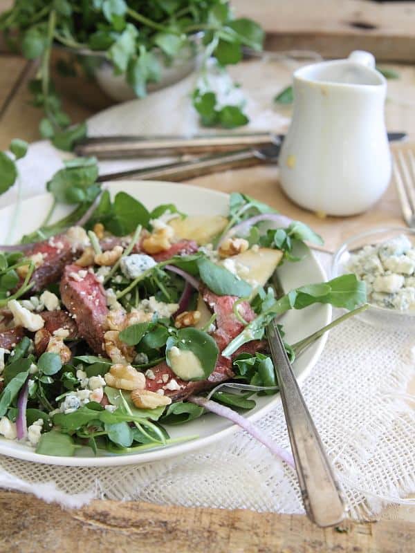Steak and pear watercress salad with shallot dressing
