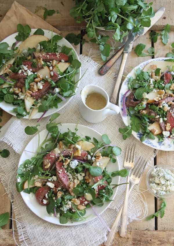 Watercress salad with steak and pears