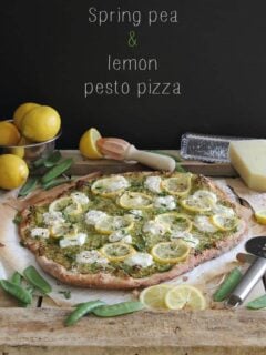 White pizza with spring pea pesto and lemons