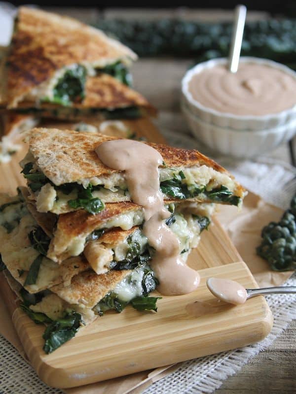 white bean and kale quesadillas with creamy BBQ dip