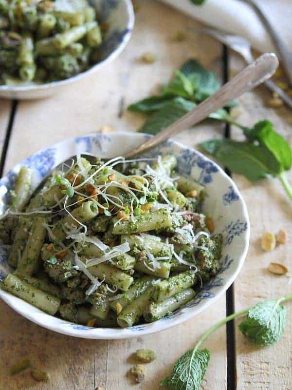 Gluten free brown rice penne with lamb and mint pesto