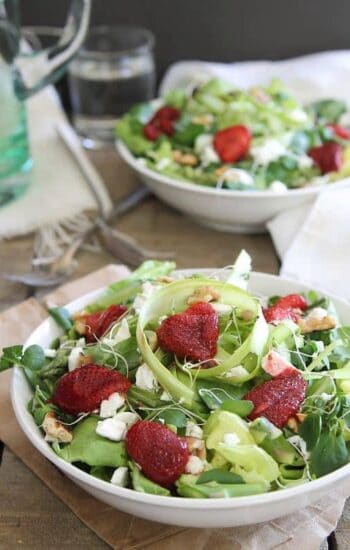 Roasted strawberry salad with feta, watercress and asparagus