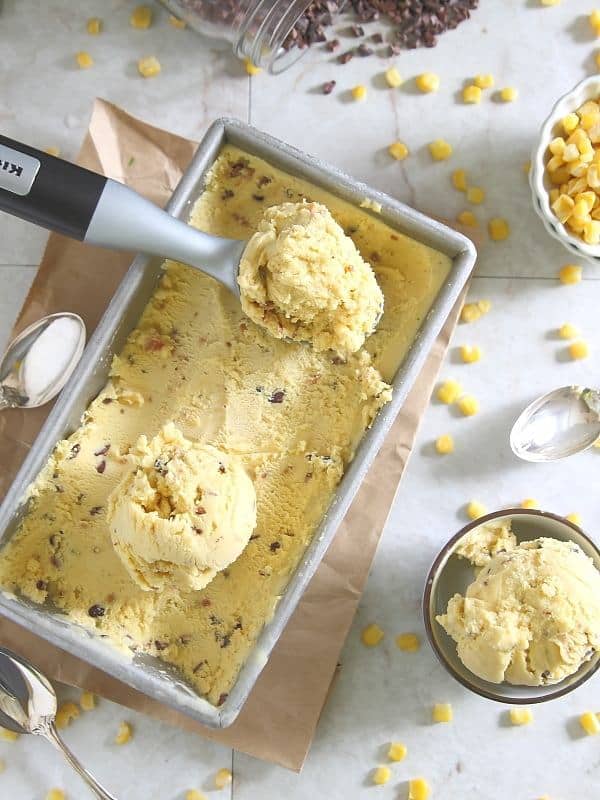 Sweet corn and bacon ice cream with cacao nibs