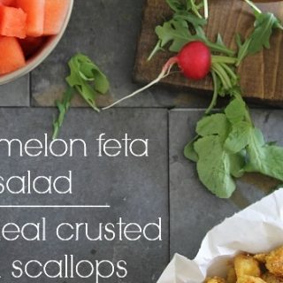 Watermelon Feta Salad with Cornmeal Crusted Fried Scallops