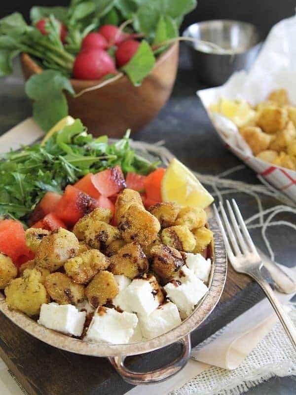 Watermelon feta salad with cornmeal crusted fried scallops