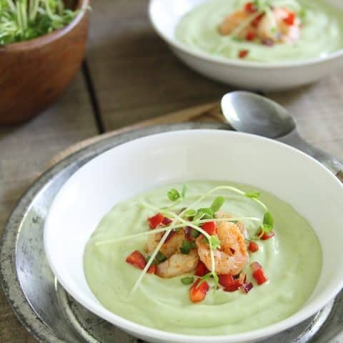 Chilled avocado sweet corn soup with lime shrimp salsa