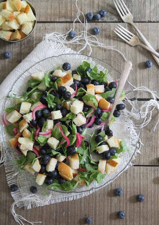 Pickled blueberry panzanella salad