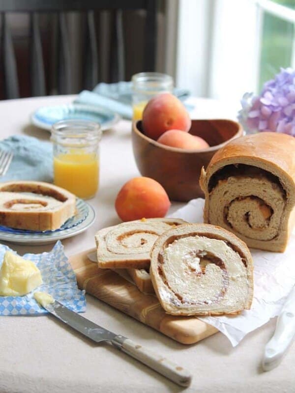 Cinnamon swirl bread with roasted peaches