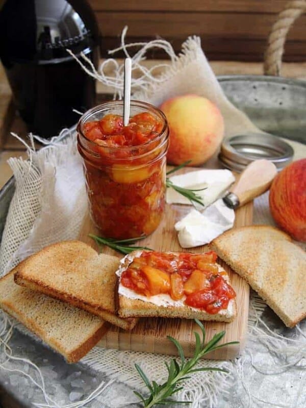 Spicy rosemary tomato peach chutney