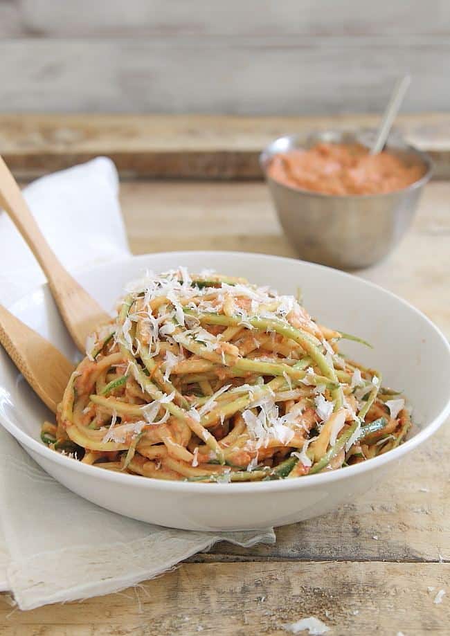 These zucchini noodles with creamy roasted tomato basil sauce are the perfect way to enjoy fresh summer produce.