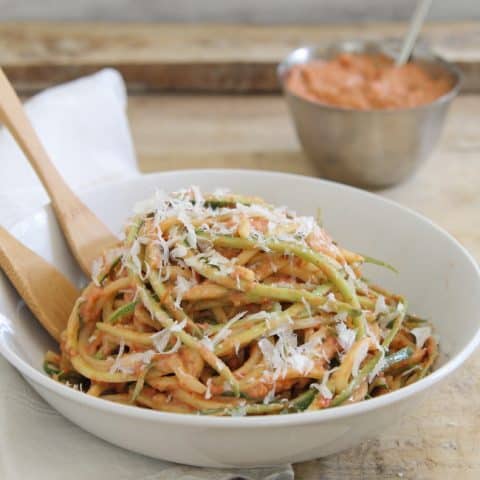 Zucchini Noodles with Creamy Roasted Tomato Basil Sauce