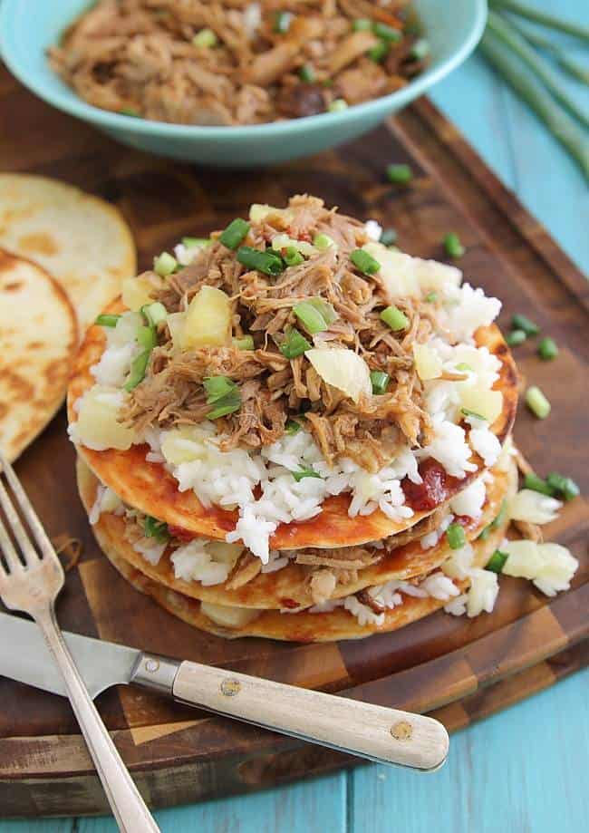 Hawaiian pulled pork BBQ enchilada stacks 