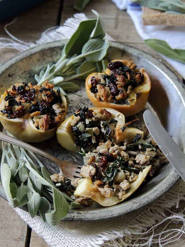 Stuffed apples with turkey, sage, raisins and kale