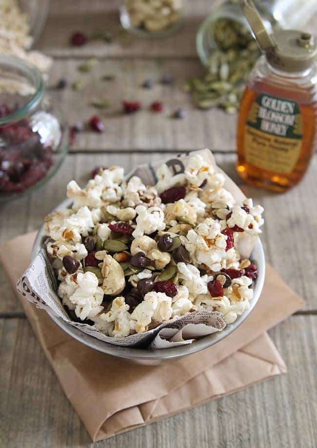 Trail mix popcorn with chocolate chips