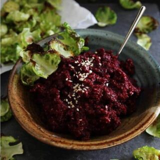 Roasted Garlic Beet Hummus with Brussels Sprouts Chips