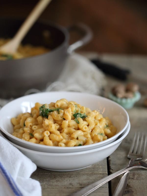 Creamy sweet potato mac and cheese with spinach is a comforting classic made a touch healthier!