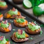 Smashed sweet potato guacamole bites.