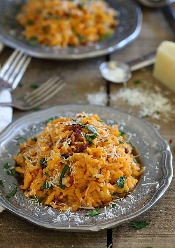 This sweet potato carbonara is made spicy with some red pepper and sriracha.