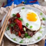 Spicy beef and red pepper rice bowl.