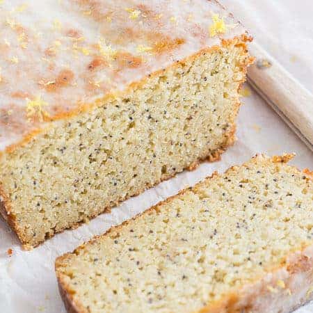 Lemon poppyseed loaf sliced.