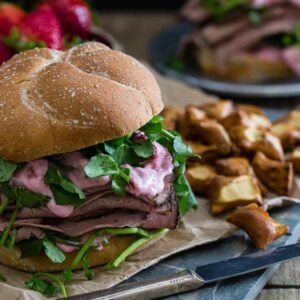Strawberry goat cheese roast beef sandwich.