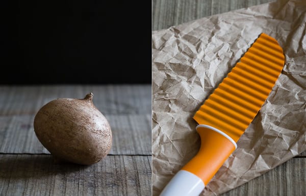 Slice jicama with a crinkle cut knife to make easy jicama chips as a delicious vegetable based snack.