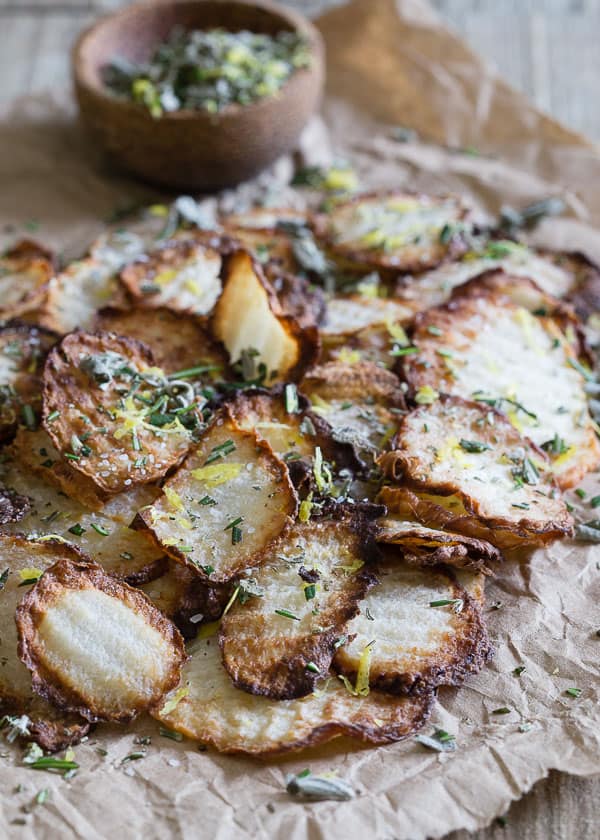 These easy pan-fried jicama chips are tossed with fresh herbs and citrus zest for a deliciously crunchy alternative to potatoes.