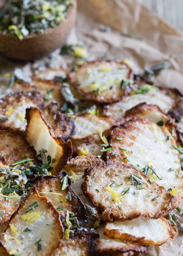 Jicama chips pan fried in coconut oil with a citrus herb seasoning.