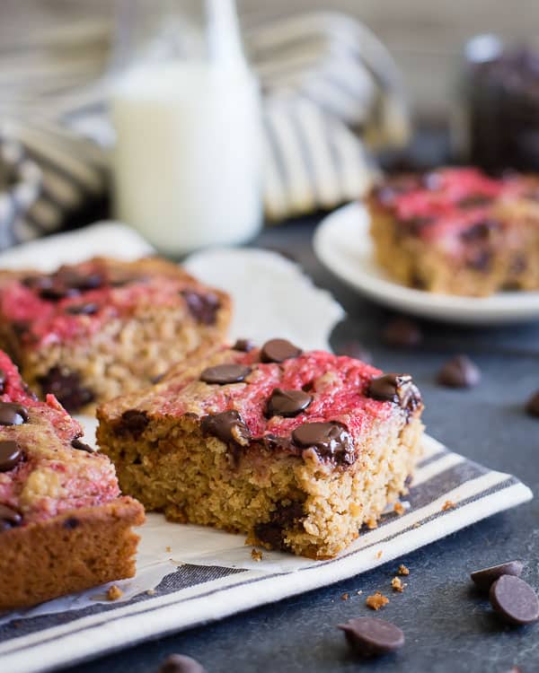 Yogurt snack cake with strawberries and chocolate chips