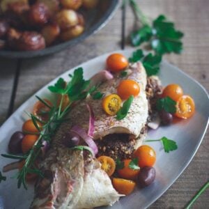 Greek stuffed whole red snapper.