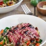 Seared ahi tuna with winter vegetables.
