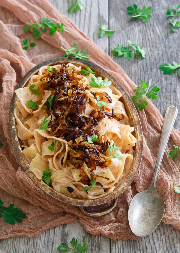 Creamy tomato ranch pappardelle with caramelized onions