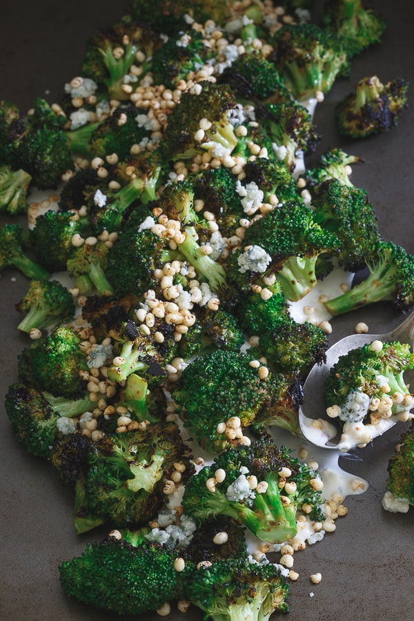 Grilled Broccoli with Blue Cheese Sauce and Toasted Puffed Millet from Girl and the Goat
