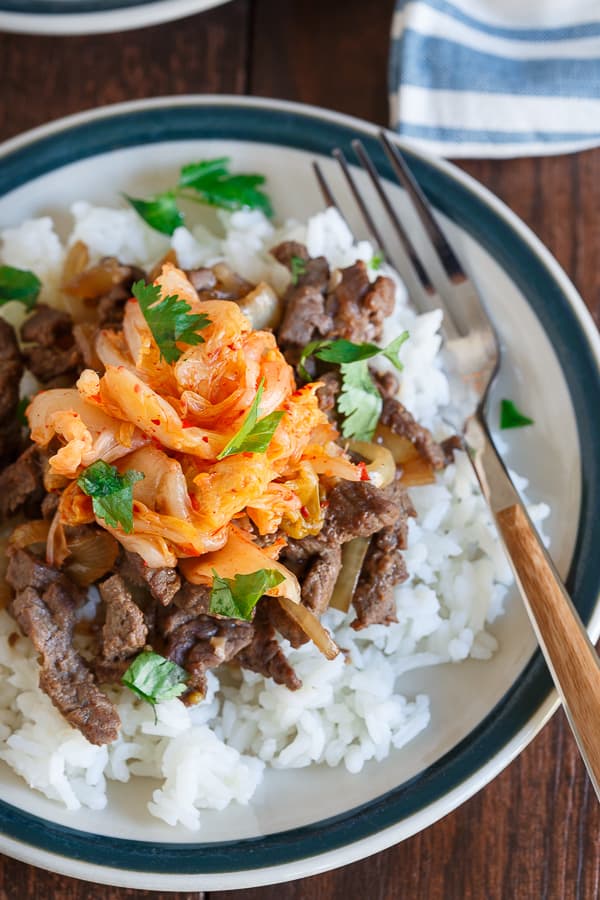 Beef bulgogi kimchi rice plate