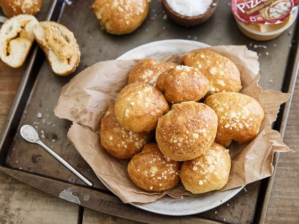 Pizza hummus stuffed pretzel bites