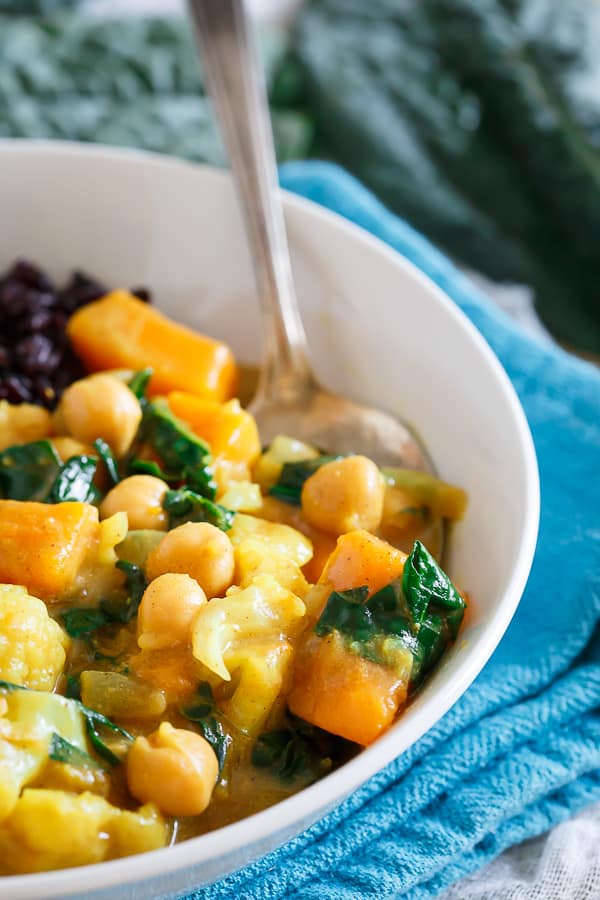 Winter vegetable curry with butternut squash, cauliflower and kale