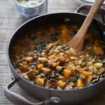 Pork squash and white bean soup.