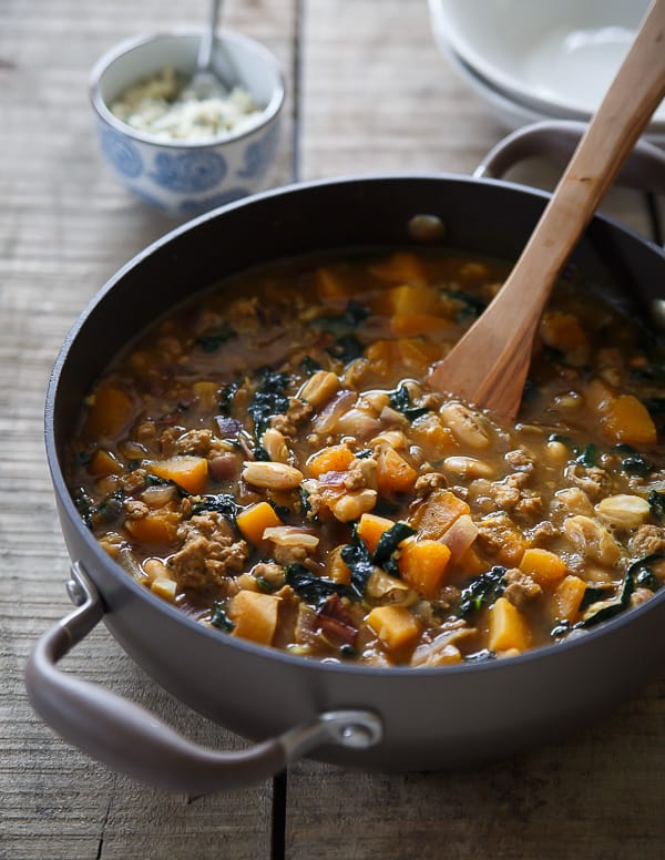 Spiced pork, squash and white bean soup