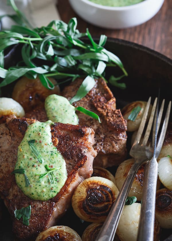 Skillet Lamb Chops and Cipollini Onions with Tarragon Honey Mustard Sauce